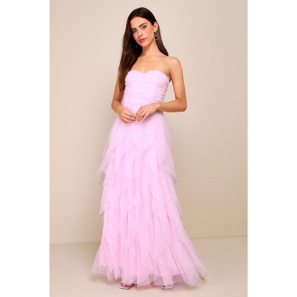 NWT Lulus Delightful Beauty Pink Mesh Strapless Ruched Ruffled Maxi Dress Size S